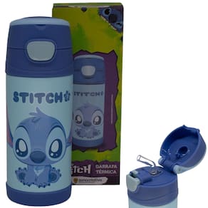 Garrafa Stitch Fofo Térmica Quente Gelada Infantil Com Canudo De Silicone Azul 350ML Oficial Disney