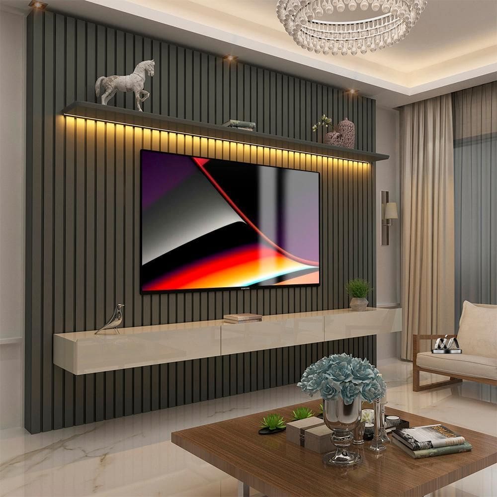 Painel Ripado Tv até 85 Polegadas com Led 230cm Nobre Gelius Móveis Grafite/off White