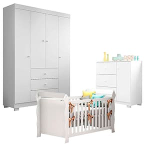 Quarto de Bebê Duda 4 Portas com Berço Americano Lara Branco Brilho – Phoenix Baby