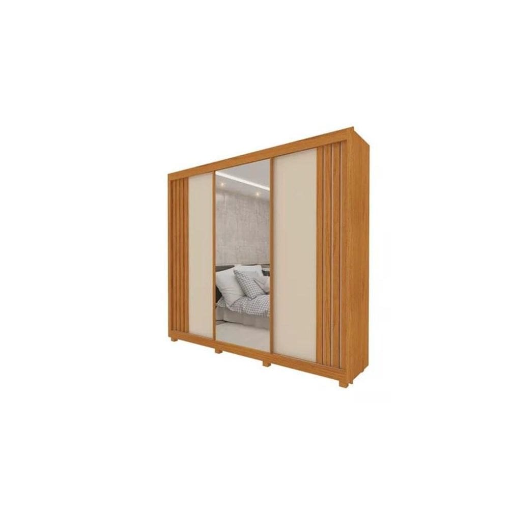 Guarda Roupa Casal 3 Portas 4 Gavetas com Espelho Santorini Naturale e Off White