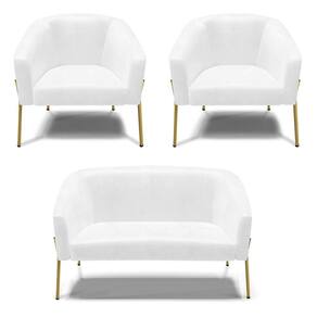 Sofá Namoradeira E 2 Poltronas Pé De Ferro Dourado Stella Corano Branco D03 - D`rossi