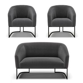 Sofá Namoradeira E 2 Poltronas Base Industrial Preto Stella Bouclê D03 - D`rossi Cor Grafite