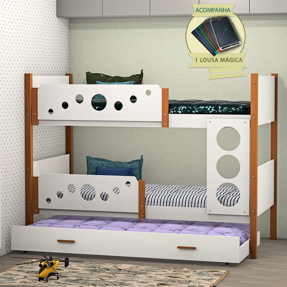 Beliche Infantil Solteiro Star Com Cama Auxiliar Branco Com Castanho Claro Divaloto Acompanha Lousa Mágica