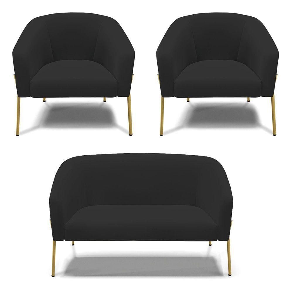 Sofá Namoradeira E 2 Poltronas Pé De Ferro Dourado Stella Veludo Preto D03 - D`rossi