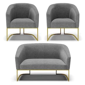 Namoradeira E 2 Poltronas Base Industrial Dourado Stella Linho D03 - D`rossi Cor A26 Grafite
