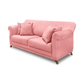 Sofá 3 Lugares Pé De Madeira Julieta 200 Cm Veludo S04 - D`rossi Cor Rosa