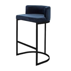 Banqueta Alta Estofada Estrutura Aço Carbono Belly Ii Base Preto 65cm Suede Azul
