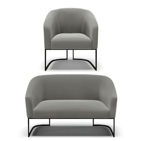 Sofá Namoradeira E Poltrona Base Industrial Preto Stella Suede D03 - D`rossi Cor Grafite