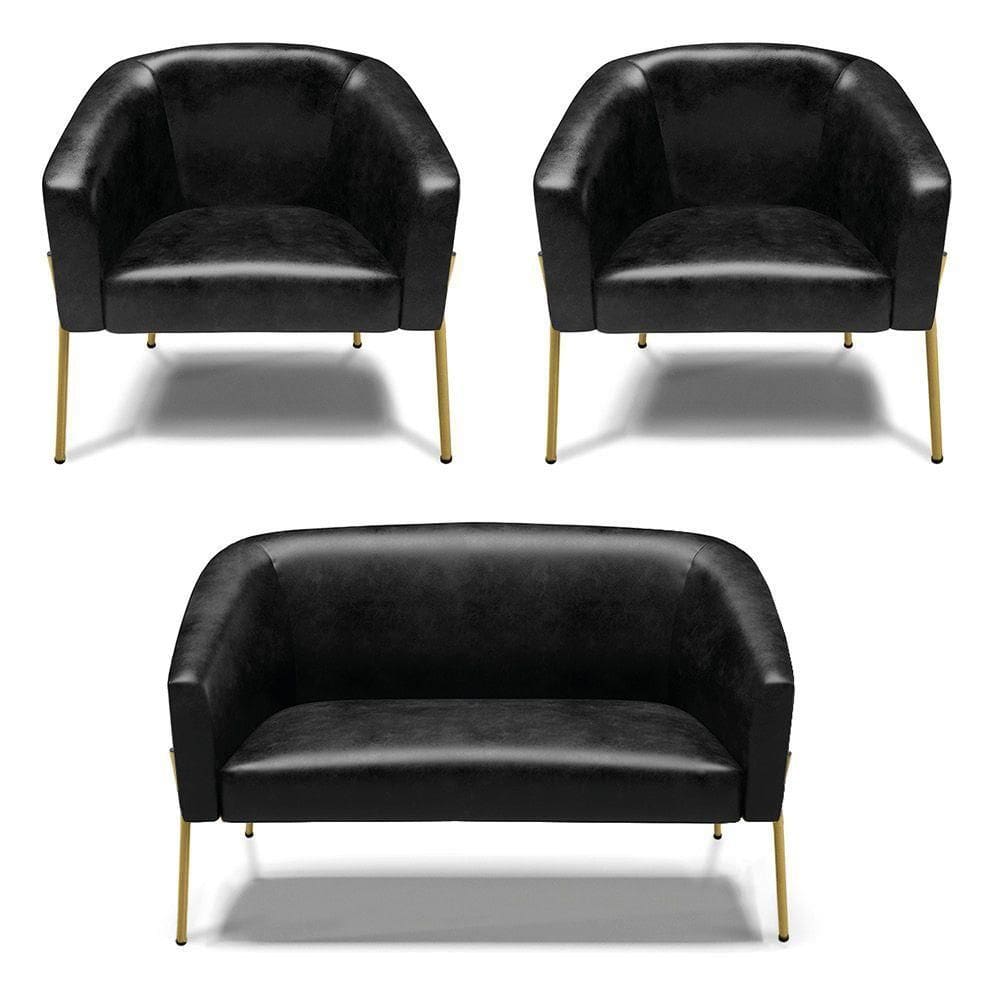 Sofá Namoradeira E 2 Poltronas Pé De Ferro Dourado Stella Corano D03 - D`rossi Cor Preto