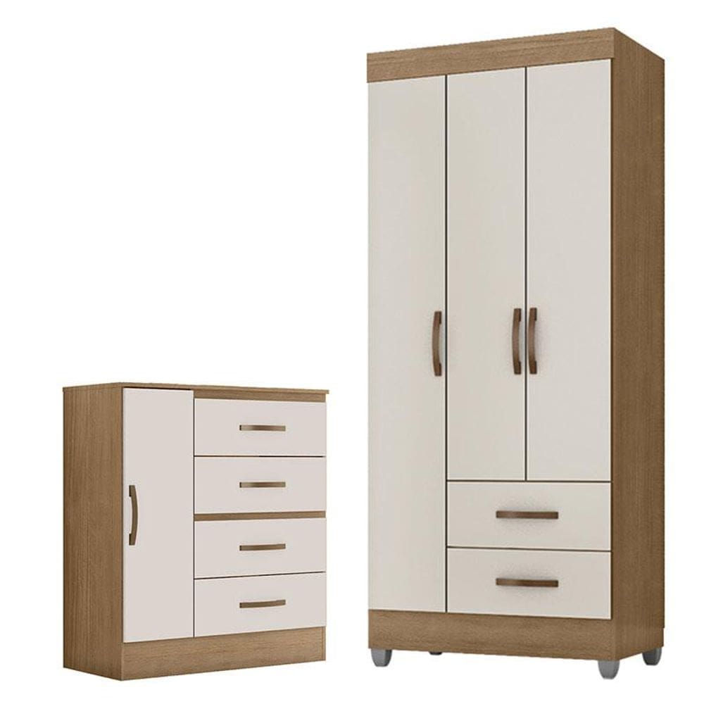 Guarda Roupa Solteiro 3 Portas e Cômoda 4 Gavetas e 1 Porta Lite Nature Off White - Móveis Leão