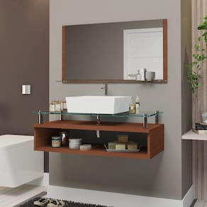 Conjunto Gabinete Banheiro 80cm com Tampo de Vidro Jade Marrom