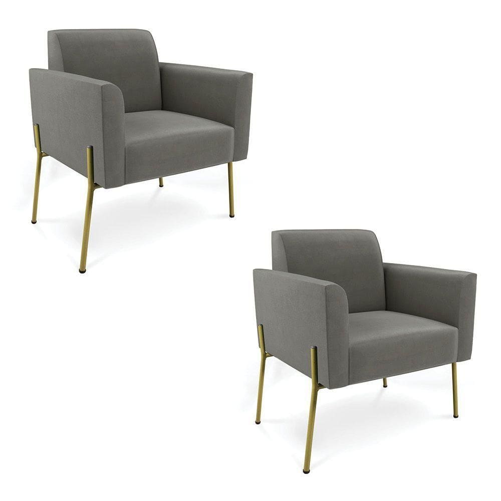 Poltrona Pé De Ferro Dourado Decorativa Kit 2 Marisa Suede Grafite D03