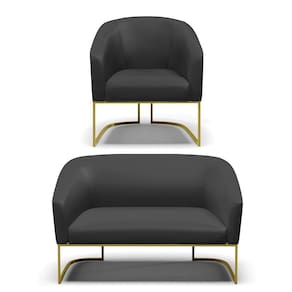 Sofá Namoradeira E Poltrona Base Industrial Dourado Stella Corino D03 - D`rossi Cor Preto