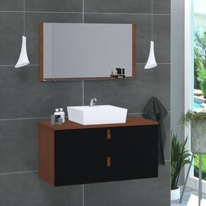 Conjunto Gabinete de Banheiro Berlim 60 Cm marrom preto