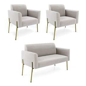 Sofá Namoradeira 2 Poltronas Pé De Ferro Dourado Marisa Veludo Cinza D03