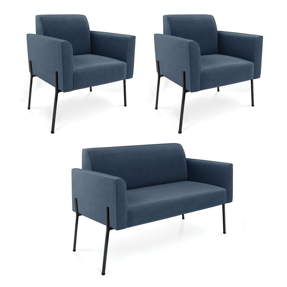 Sofá Namoradeira E 2 Poltronas Pé De Ferro Preto Marisa Suede D03 - D`rossi Cor Azul Marinho