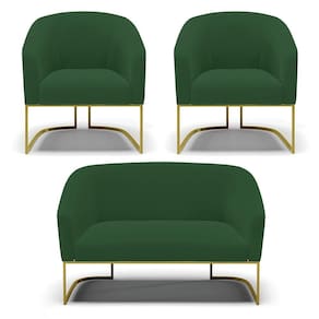 Sofá Namoradeira E 2 Poltronas Base Industrial Dourado Stella Veludo D03 - D`rossi Cor Verde