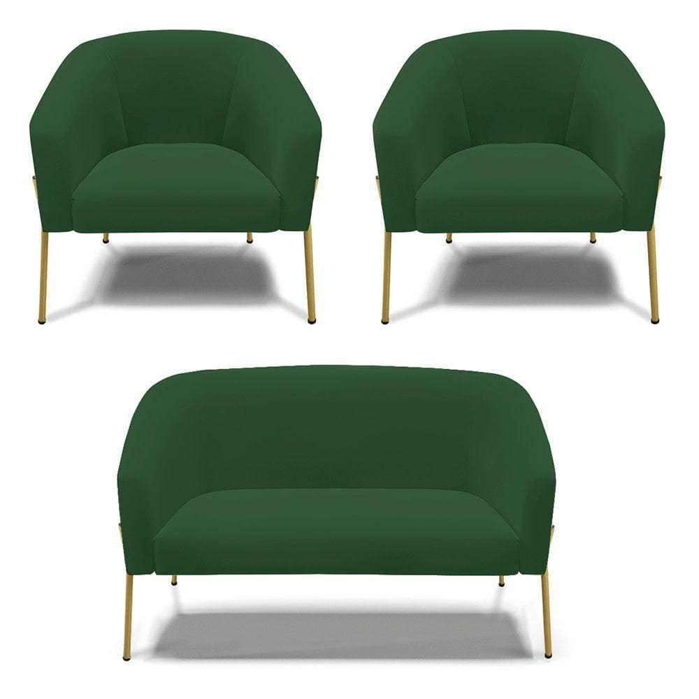 Sofá Namoradeira E 2 Poltronas Pé De Ferro Dourado Stella Veludo D03 - D`rossi Cor Verde