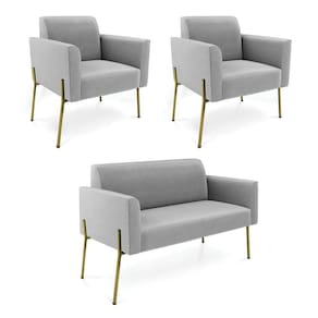 Sofá Namoradeira E 2 Poltronas Pé De Ferro Dourado Marisa Suede Cinza D03