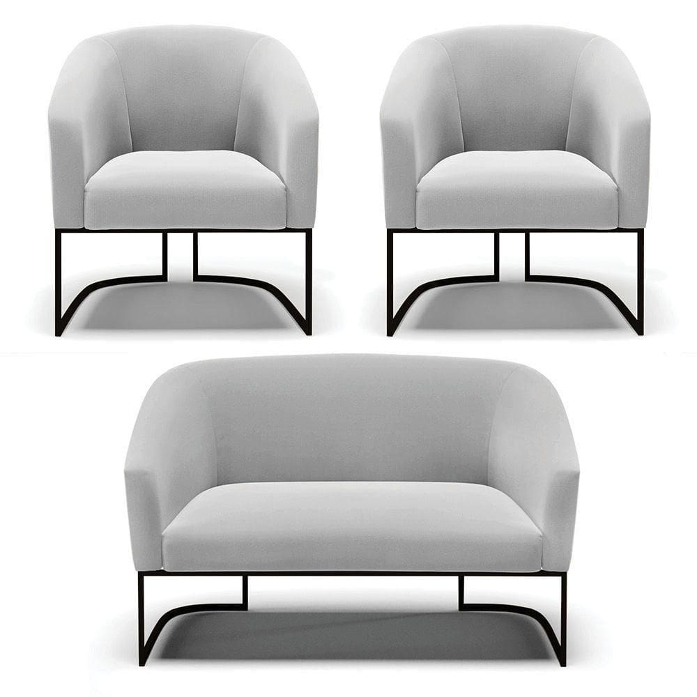Sofá Namoradeira E 2 Poltronas Base Industrial Preto Stella Suede D03 - D`rossi Cor Cinza