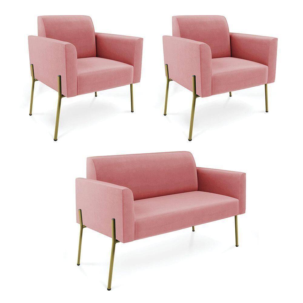 Sofá Namoradeira E 2 Poltronas Pé De Ferro Dourado Marisa Suede D03 Rose
