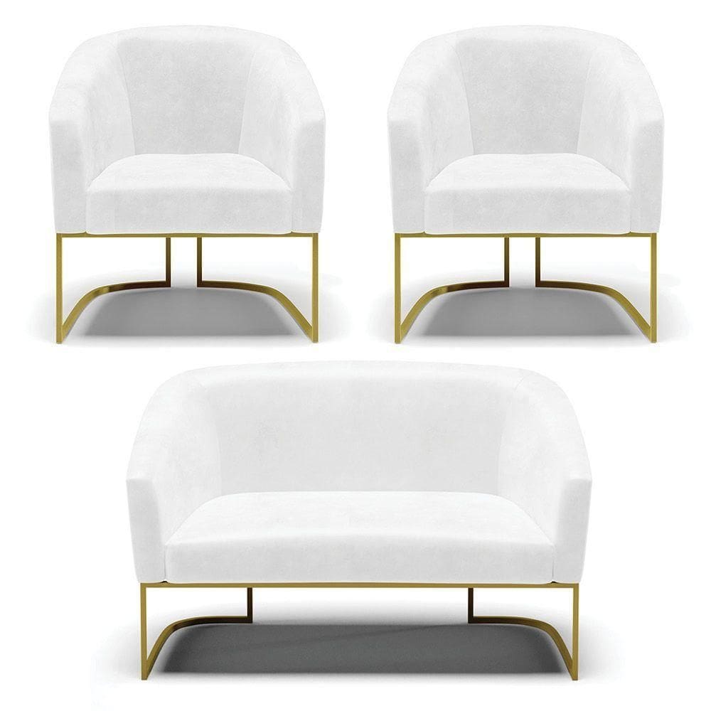 Sofá Namoradeira E 2 Poltronas Base Industrial Dourado Stella Corano D03 - D`rossi Cor Branco