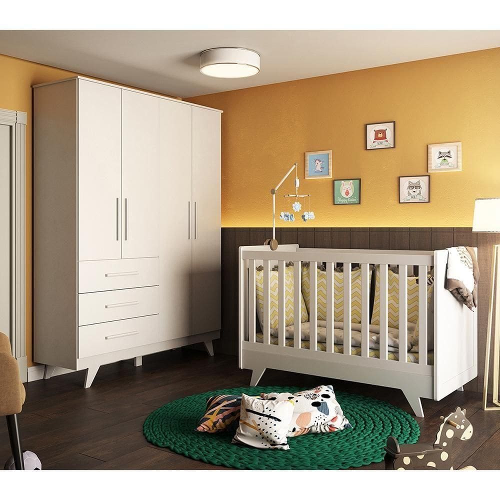 Quarto Infantil Compacto Mdf Retrô Com Guarda Roupa 4 Portas E Berço Minicama Peroba Branco