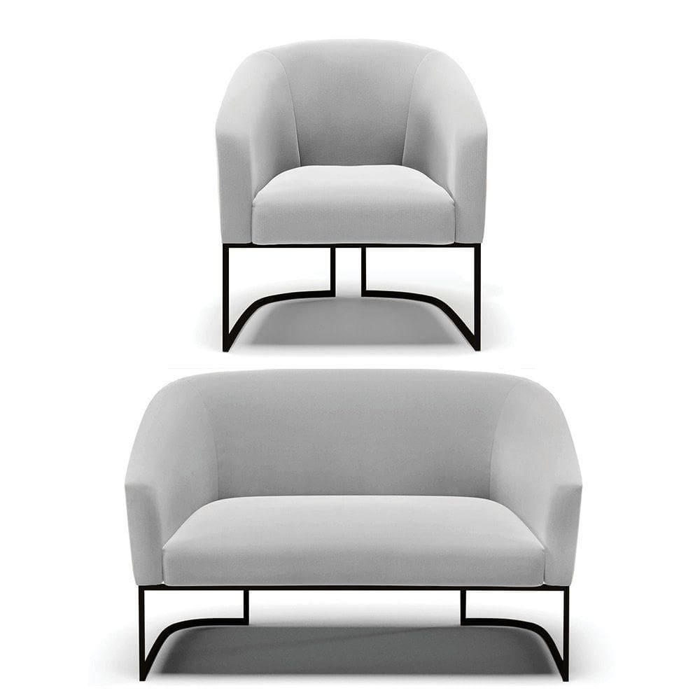 Sofá Namoradeira E Poltrona Base Industrial Preto Stella Suede D03 - D`rossi Cor Cinza