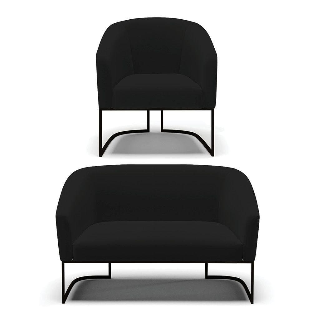 Sofá Namoradeira E Poltrona Base Industrial Preto Stella Linho D03 - D`rossi Cor A79 Preto