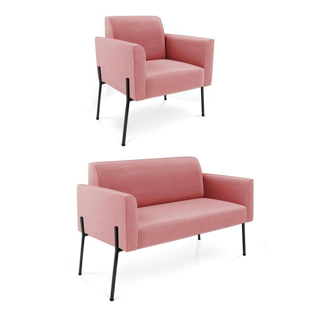 Sofá Namoradeira E Poltrona Pé De Ferro Preto Marisa Suede D03 - D`rossi Cor Rose