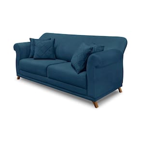 Sofá 3 Lugares Pé De Madeira Julieta 200 Cm Veludo S04 - D`rossi Cor Azul Marinho