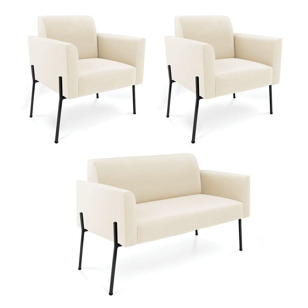 Sofá Namoradeira 2 Poltronas Pé De Ferro Preto Marisa Veludo D03 - D`rossi Cor Bege