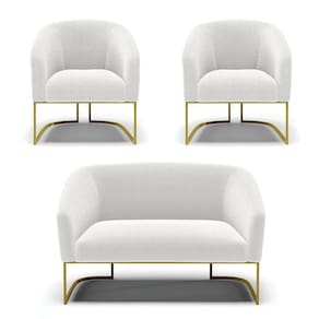 Sofá Namoradeira E 2 Poltronas Base Industrial Dourado Stella Bouclê D03 - D`rossi Cor Off White