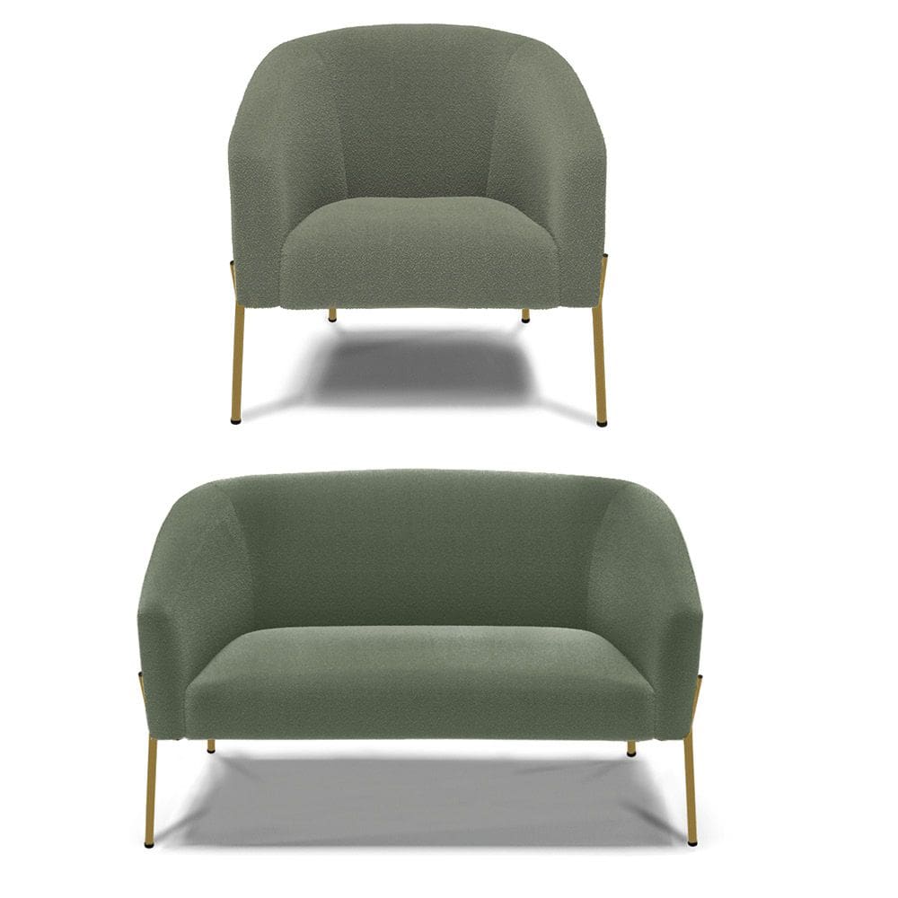 Sofá Namoradeira e Poltrona Pé Ferro Dourado Stella Bouclê Menta D03 - D`Rossi