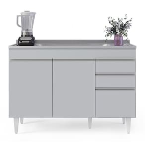Balcão De Cozinha Com Pia Inox 120cm 3 Portas Michigan Cinza Claro - Lumil