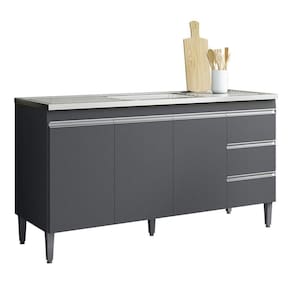 Balcão De Cozinha Com Pia Inox 160cm 3 Gavetas Andréia Cinza - Ajl Móveis