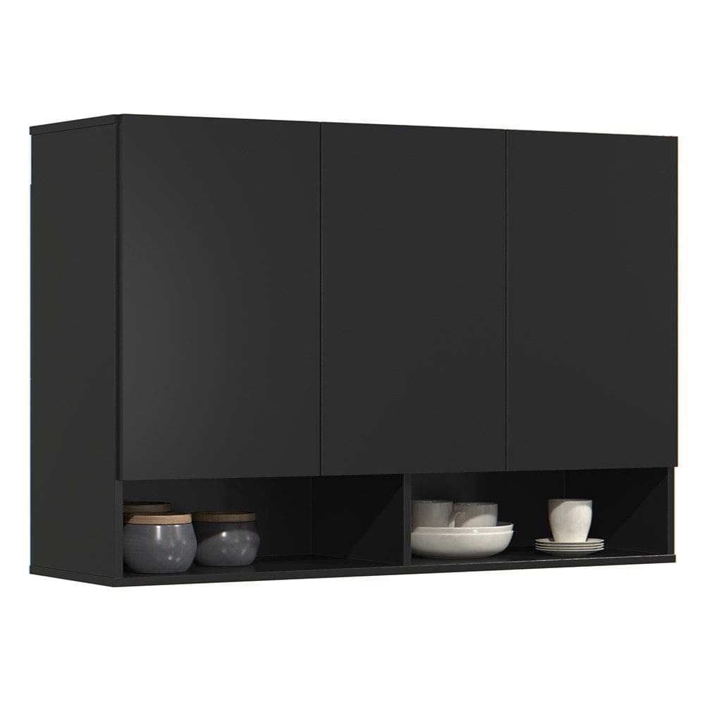 Armário de Cozinha Aéreo 3 Portas 2 Nichos 91cm Milão Preto - EJ Móveis