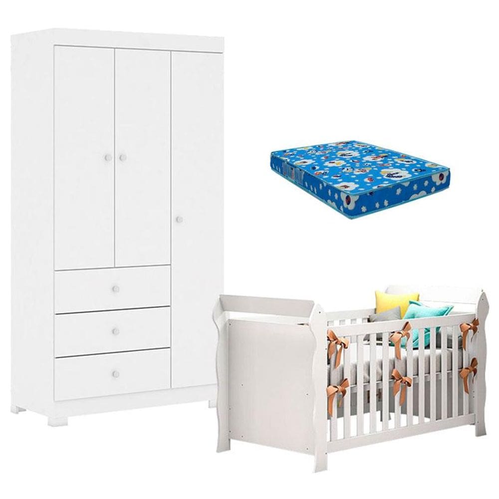 Berço Americano Lara e Guarda Roupa Duda 3 Portas Branco Brilho com Colchão Ortobom - Phoenix Baby
