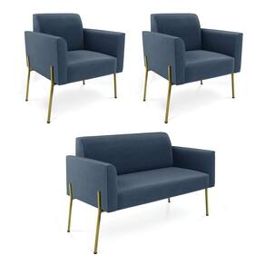 Sofá Namoradeira E 2 Poltronas Pé De Ferro Dourado Marisa Suede Azul Marinho D03