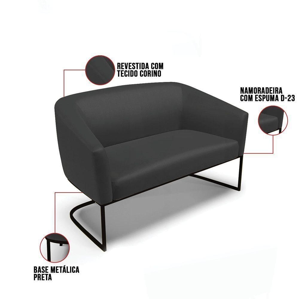 Sofá Namoradeira 2 Lugares Base Industrial Preto Stella Corino D03 - D`rossi Cor Preto