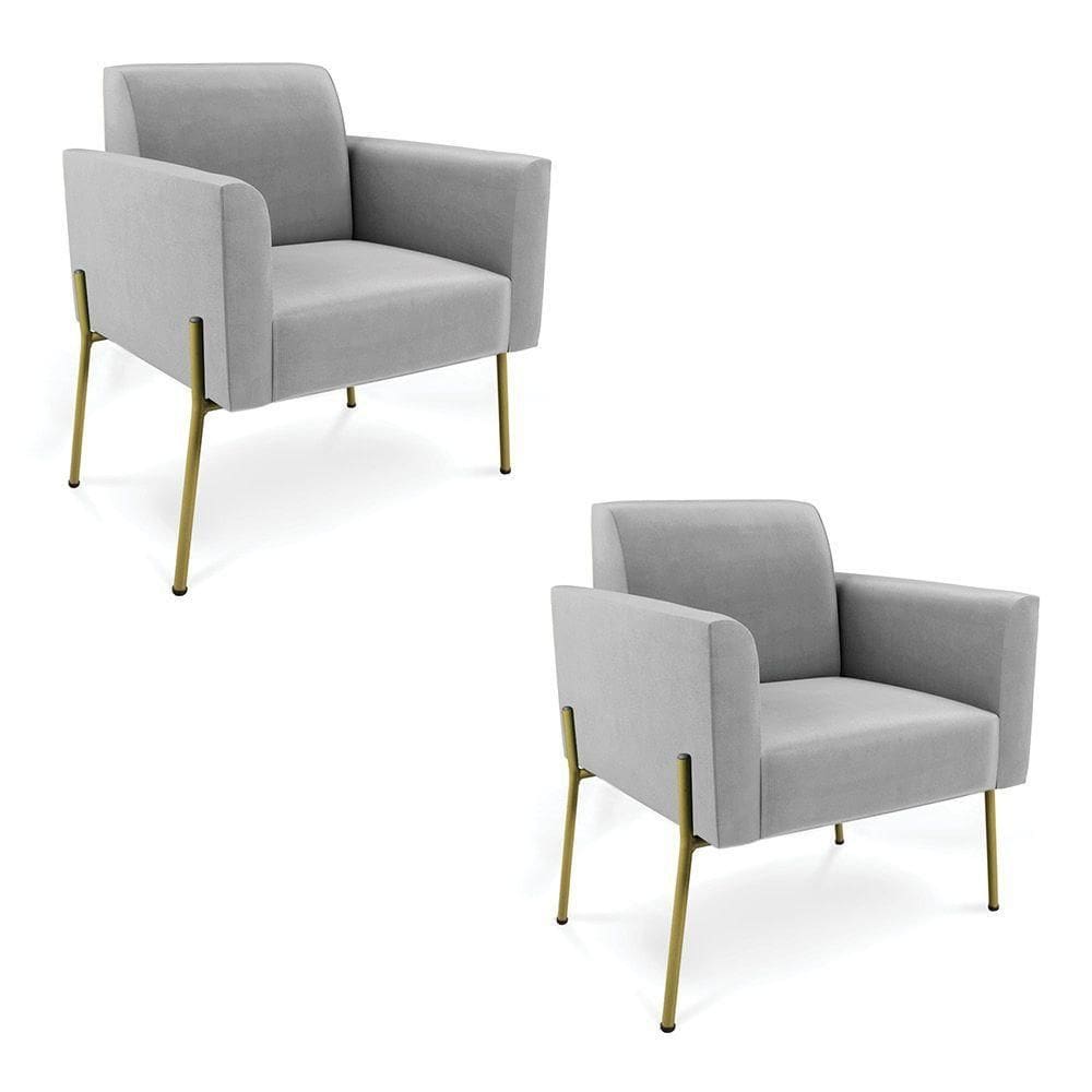 Poltrona Pé De Ferro Dourado Decorativa Kit 2 Marisa Suede Cinza D03