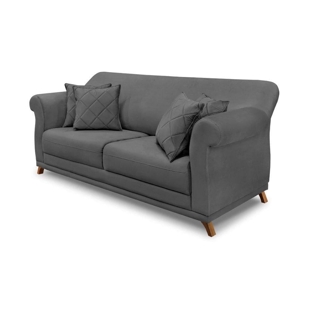 Sofá 3 Lugares Pé De Madeira Julieta 200 Cm Suede Cinza S04 - D`rossi