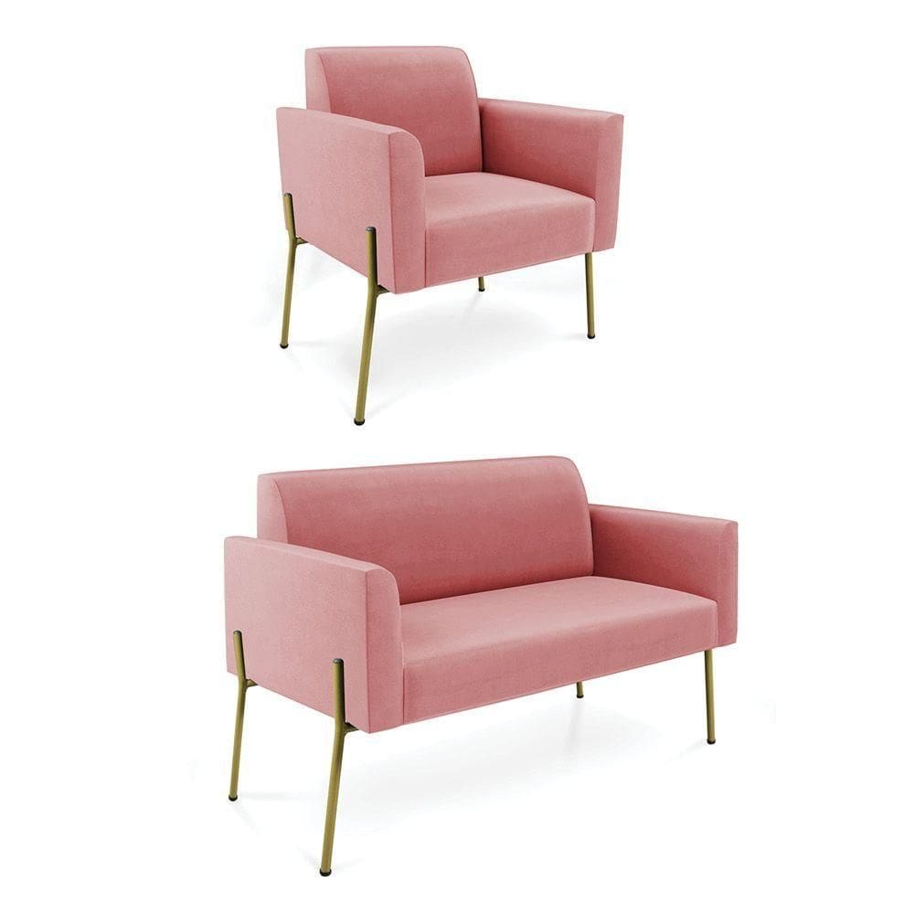 Sofá Namoradeira E Poltrona Pé De Ferro Dourado Marisa Suede Rosê D03