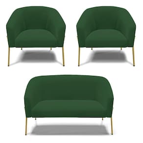 Sofá Namoradeira E 2 Poltronas Pé De Ferro Dourado Stella Veludo Verde D03 - D`rossi