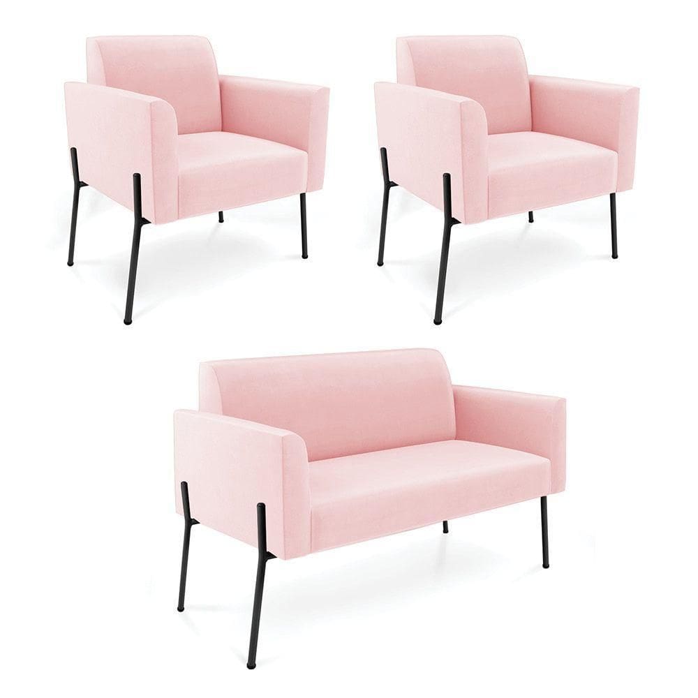 Sofá Namoradeira E 2 Poltronas Pé De Ferro Preto Marisa Suede D03 - D`rossi Cor Rosa Bebê