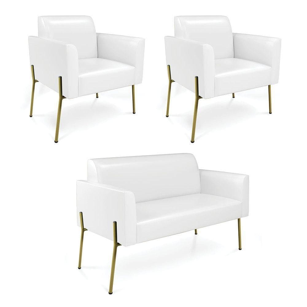 Sofá Namoradeira E 2 Poltronas Pé De Ferro Dourado Marisa Corano Branco D03