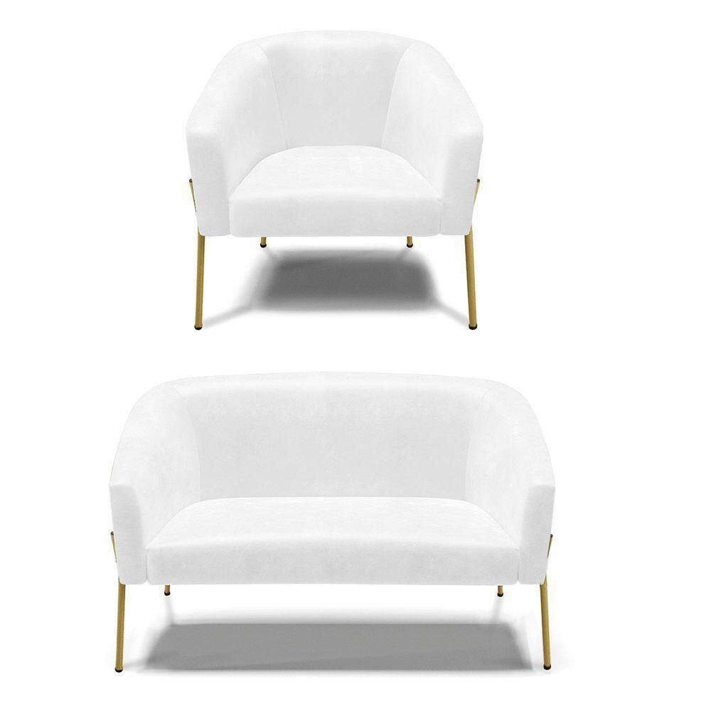 Sofá Namoradeira E Poltrona Pé De Ferro Dourado Stella Corano Branco D03 - D`rossi