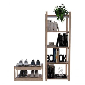 Conjunto Estante Para Escritório Simples Madeira Natural Moderno Cadernos E Dupla Prateleira Dobrave