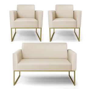 Sofá Namoradeira Com 2 Poltronas Base Industrial Dourado Marisa Corino Bege D03 - D`rossi