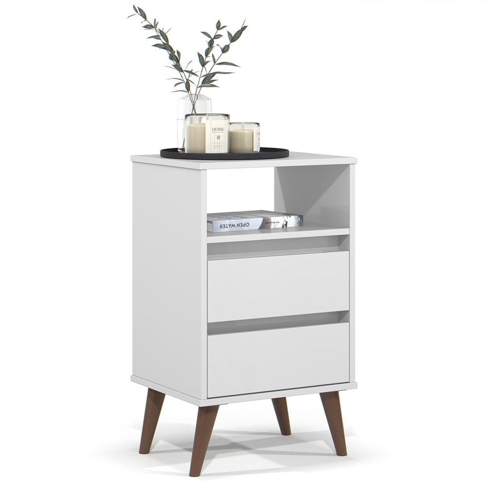 Mesa de Cabeceira Pés Retrô 2 Gavetas 43cm Roma Branco - EJ Móveis